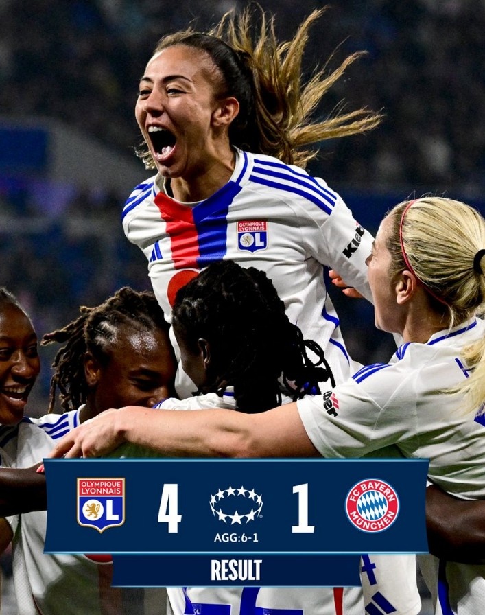 里昂女足4-1大勝拜仁女足，總比分6-1晉級(jí)女足歐冠半決賽